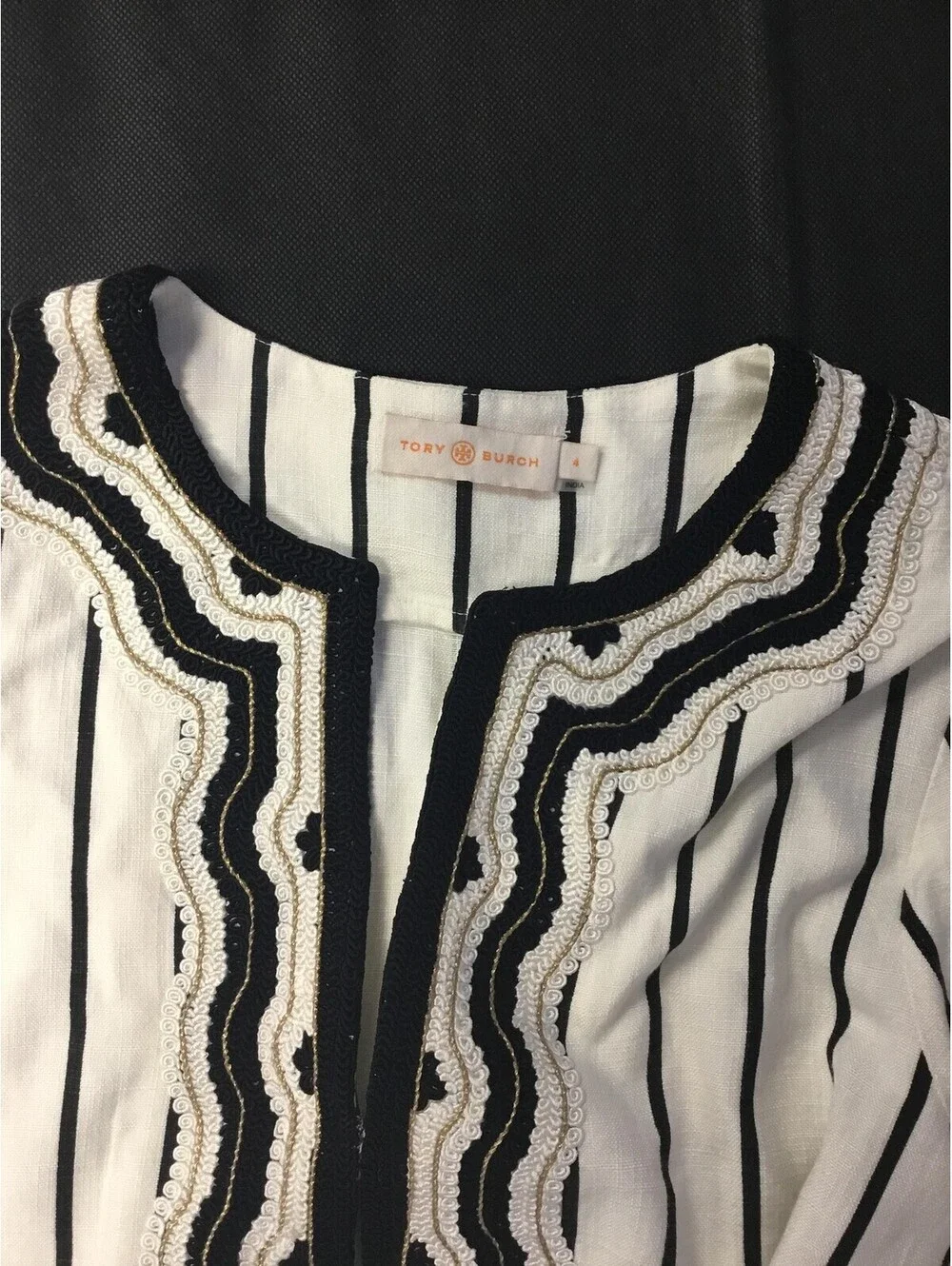 [430] Tory Burch Blouse Womens 4 White Striped Embroidered Tunic Long Sleeve Top